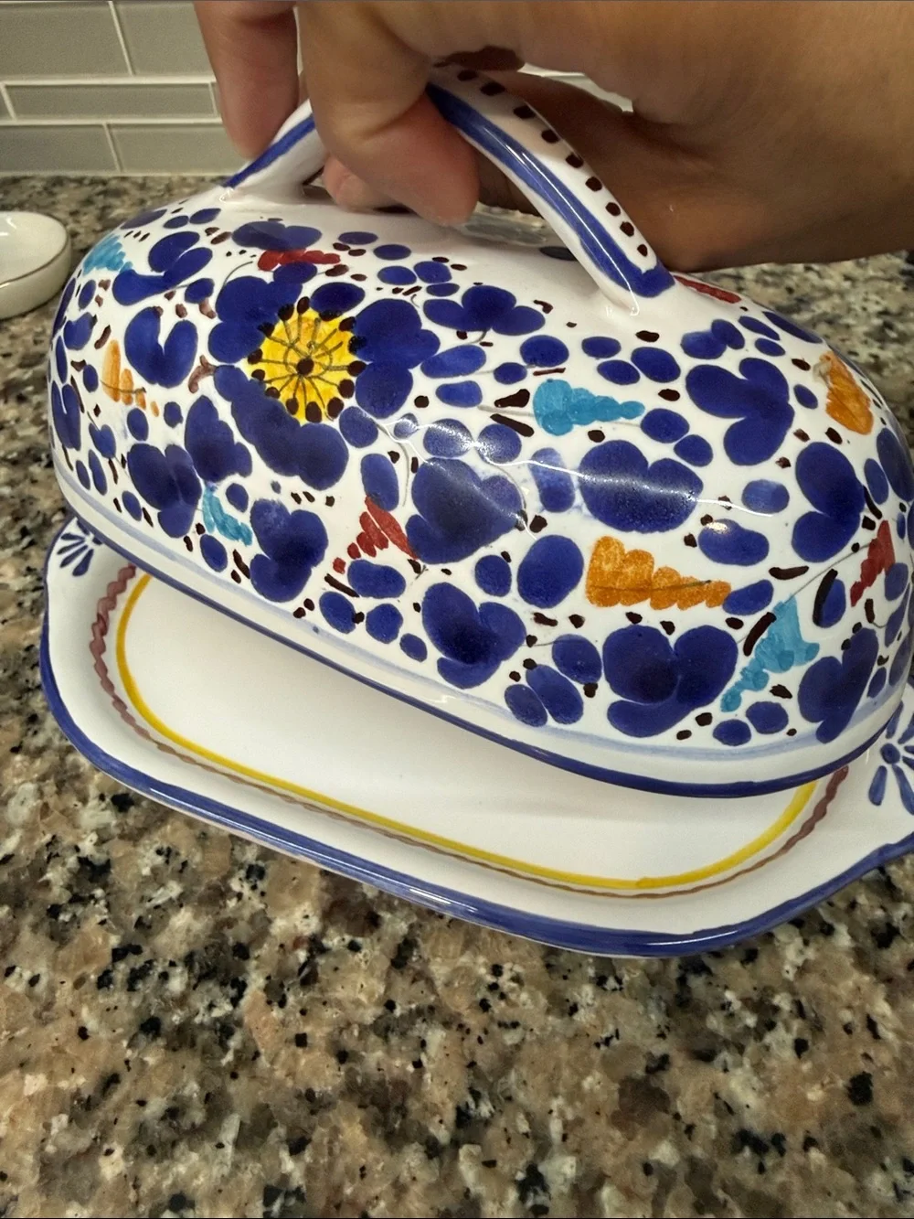 Hand-Painted Ceramic Butter Dish in White with Blue and Multicolor Bird Design